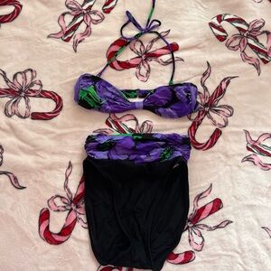 Vintage 80s purple green black floral bikini two piece set XS-S